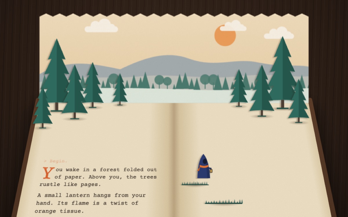 An open pop-up book with paper pine trees and a hooded traveler holding a lantern